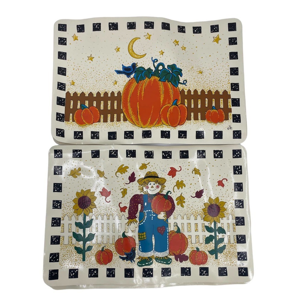 VINTAGE Set of 4 Vinyl Placemats 1990's Pumpkin Scarecrow Fall Thanksgiving lot